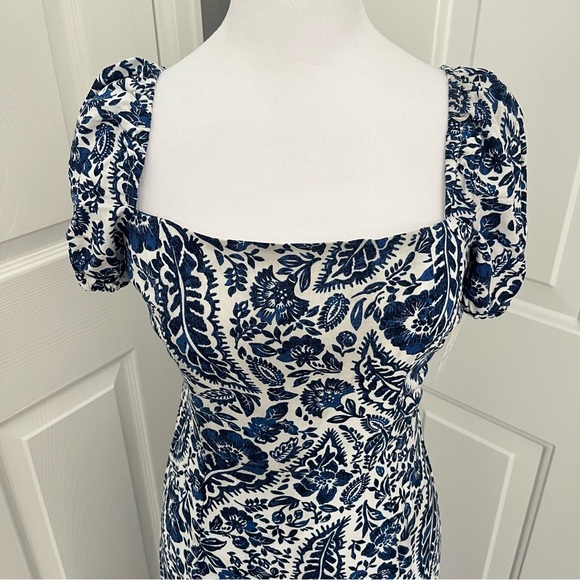 Miami of Francesca’s Square Neck Midi Dress Small Blue Front Slit Quiet Luxury - Picture 3 of 13